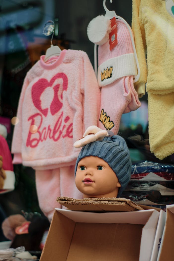 A colorful children's clothing store display featuring a doll head wearing a beanie.